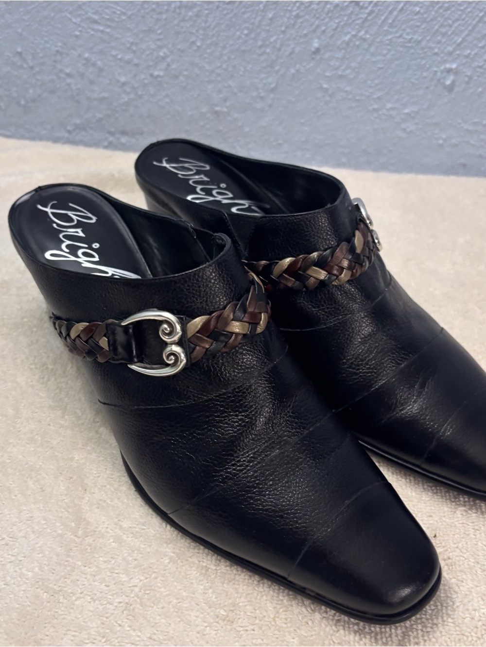Brighton Black Leather Mule with Braided Brown Accent & Silver Buckle SZ 8 M